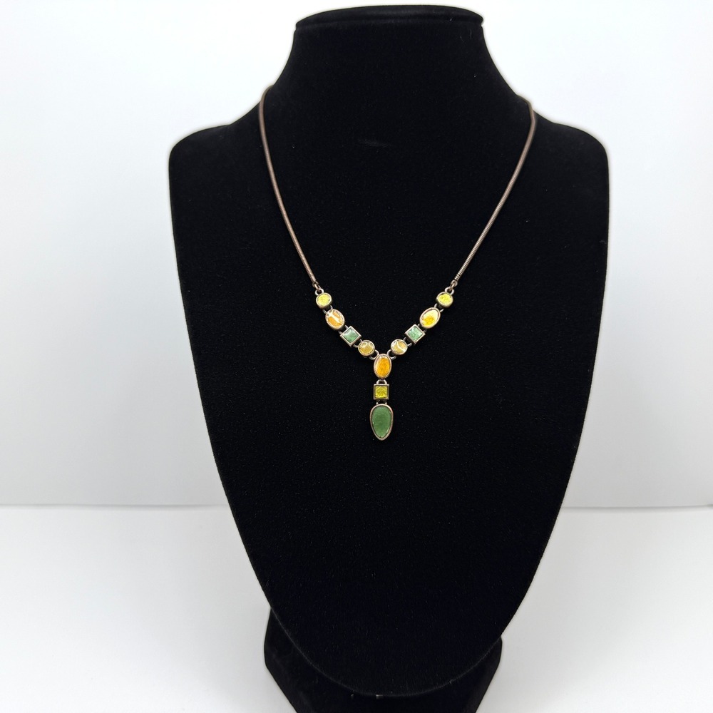 Y Drop Copper Tone Statement Necklace Green Yellow Orange Enamel Jewelry 9 in L
